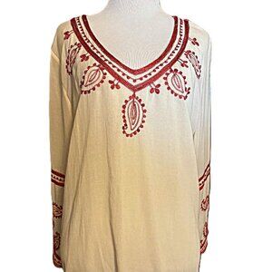 Women's Boho Ivory w/embroidery long sleeve Lucky Brand linen blend tunic size L